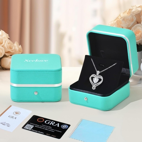 Moissanite Diamond Infinity Heart Necklace White Gold Plated 925 Sterling Silver - Picture 2 of 6